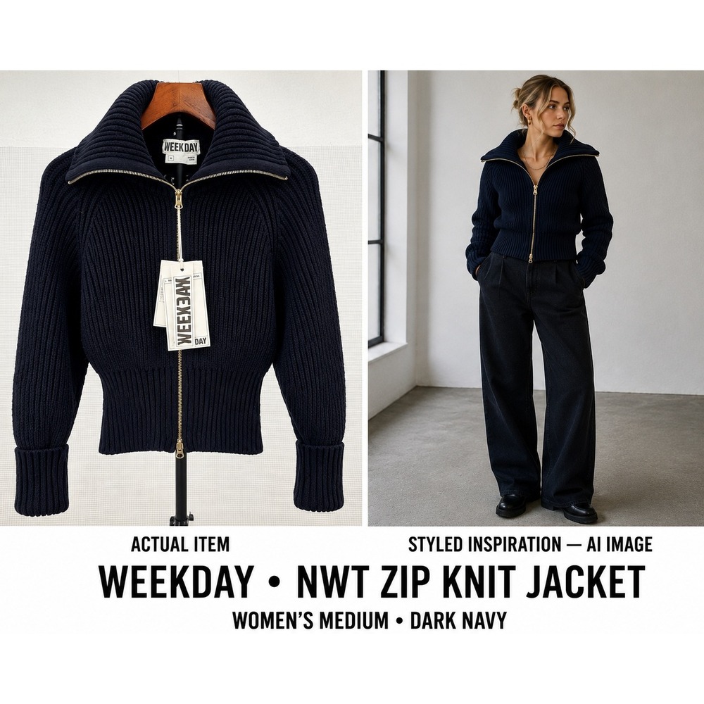 NWT Weekday Jaa Ribbed Knit Zip-Up Cardigan Stockholm Style Navy Small Chunky